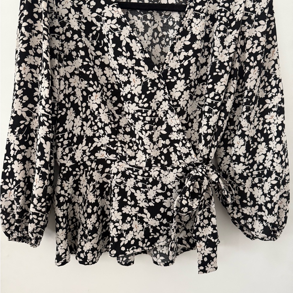 Black and White Wrap Blouse with 3/4 Sleeves